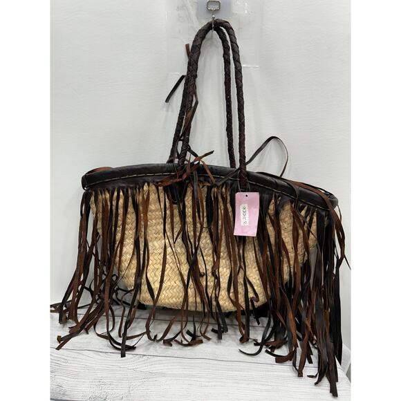 Z&L Handbags - Z&L Straw Woven Fringe Brown Beige Raffia Braided Strap‎ Boho Shoulder Tote NWT